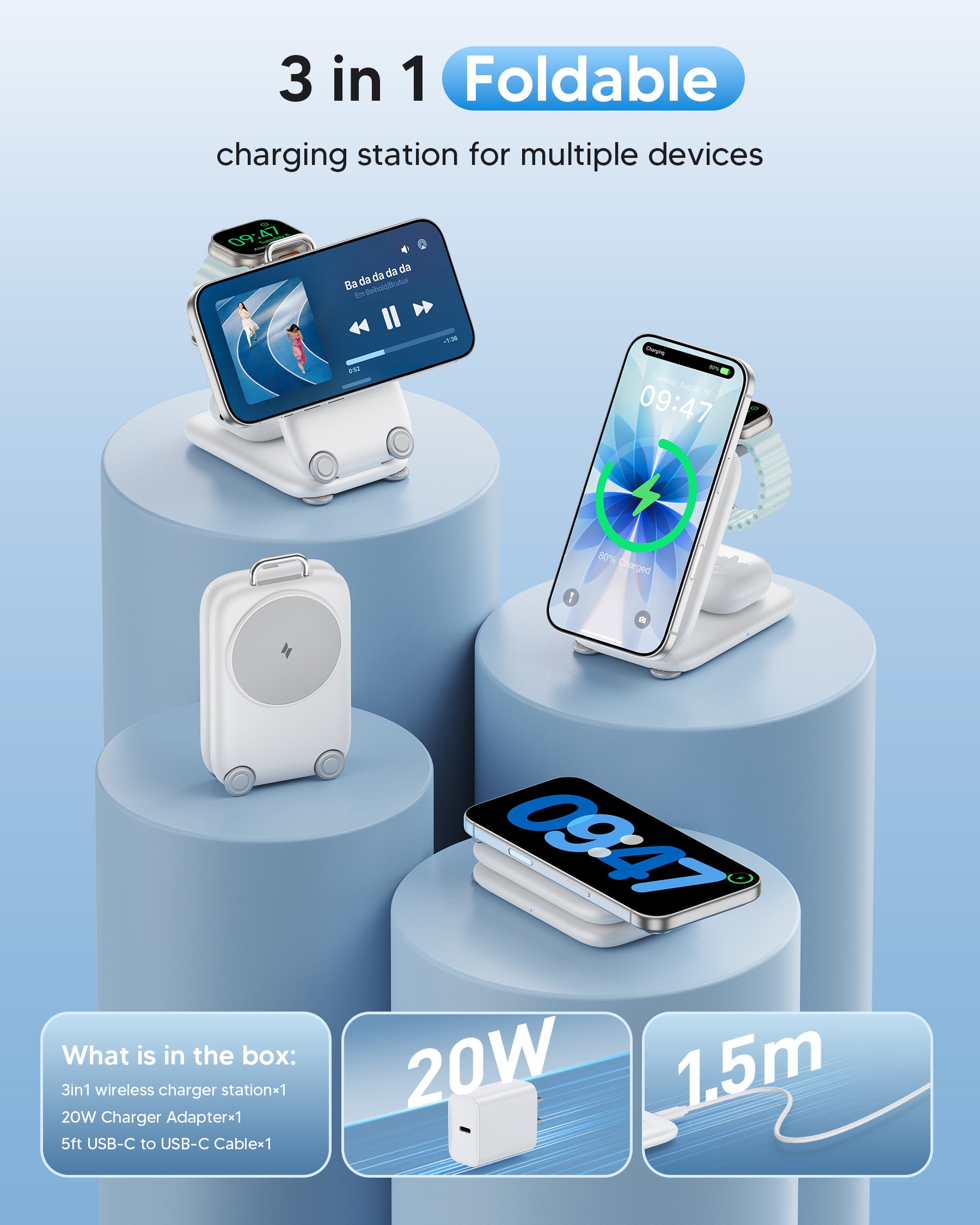 Mukiya Suitcase 3-in-1 Foldable Magnetic Wireless Charger | Travel Charging Station