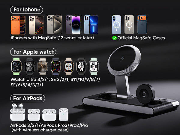 Mukiya MagSafe Wireless Charger Station Compatible with All Apple Devices including iPhone 17, Apple Watch Ultra 2 and AirPods Pro