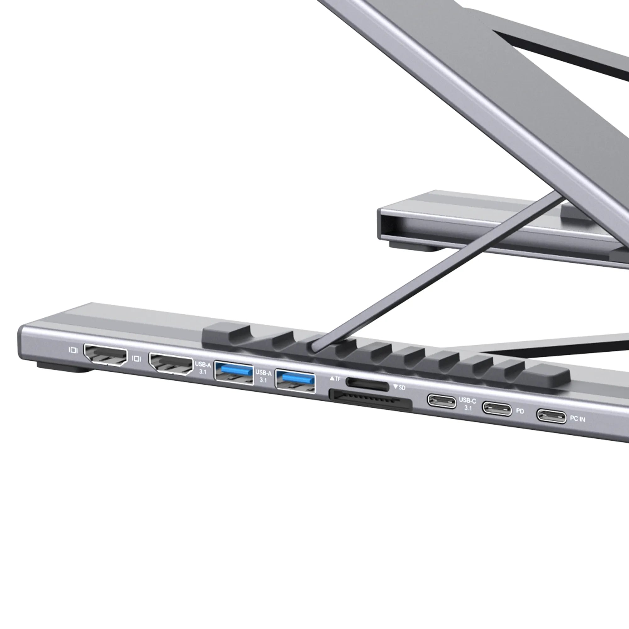 Professional Aluminum Laptop Riser with Integrated Dual HDMI Docking Station