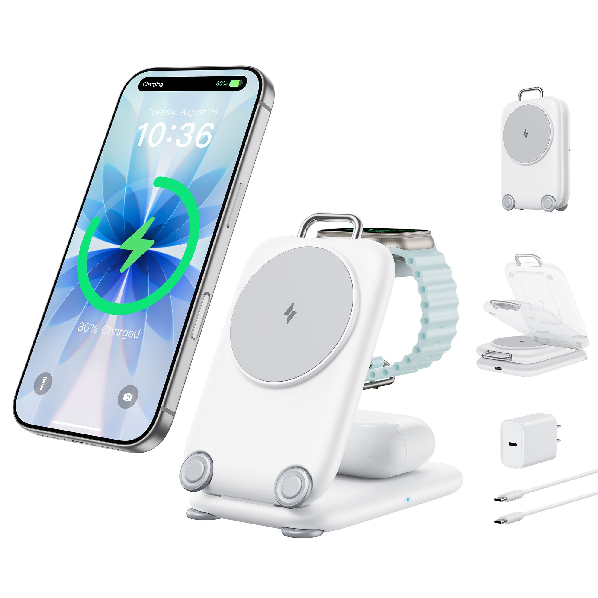 Mukiya Suitcase 3-in-1 Foldable Magnetic Wireless Charger | Travel Charging Station