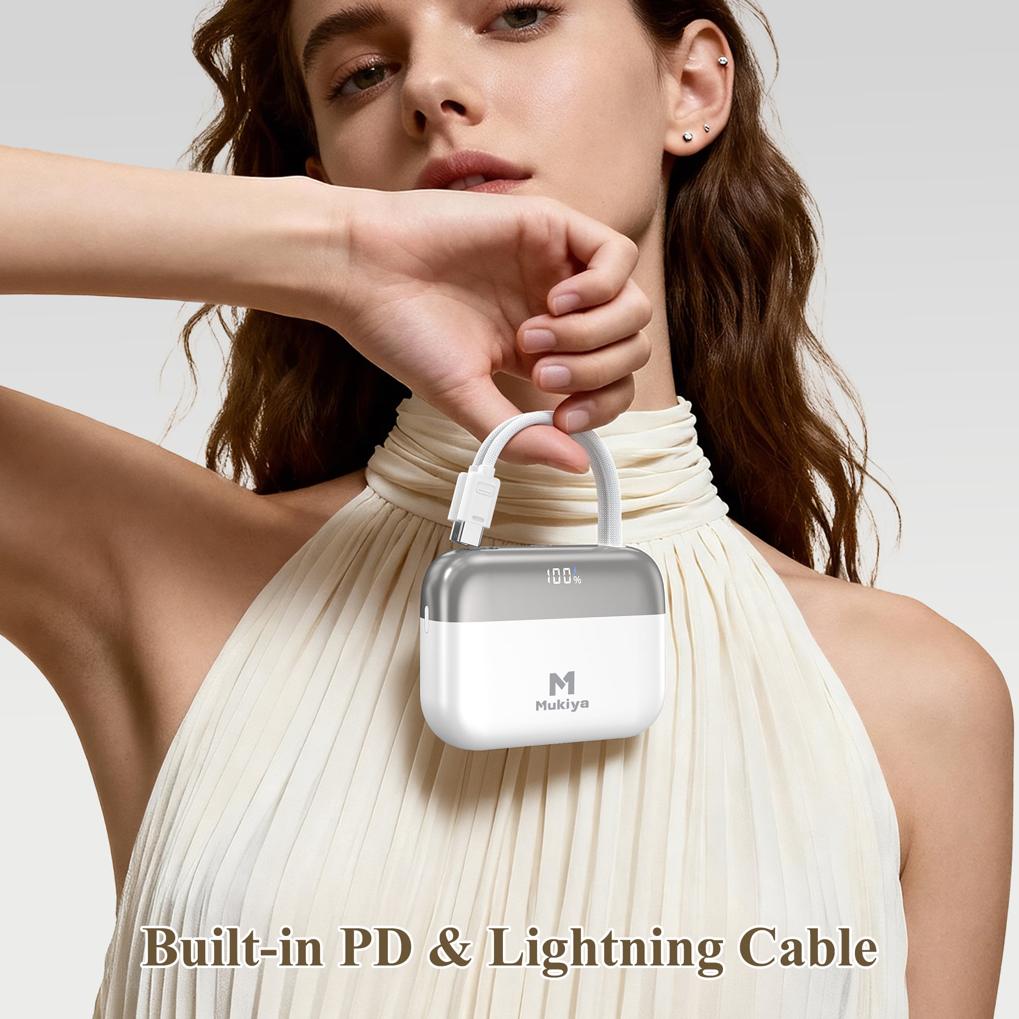 Mukiya Compact Dual-Cable Power Bank with Lightning & USB-C