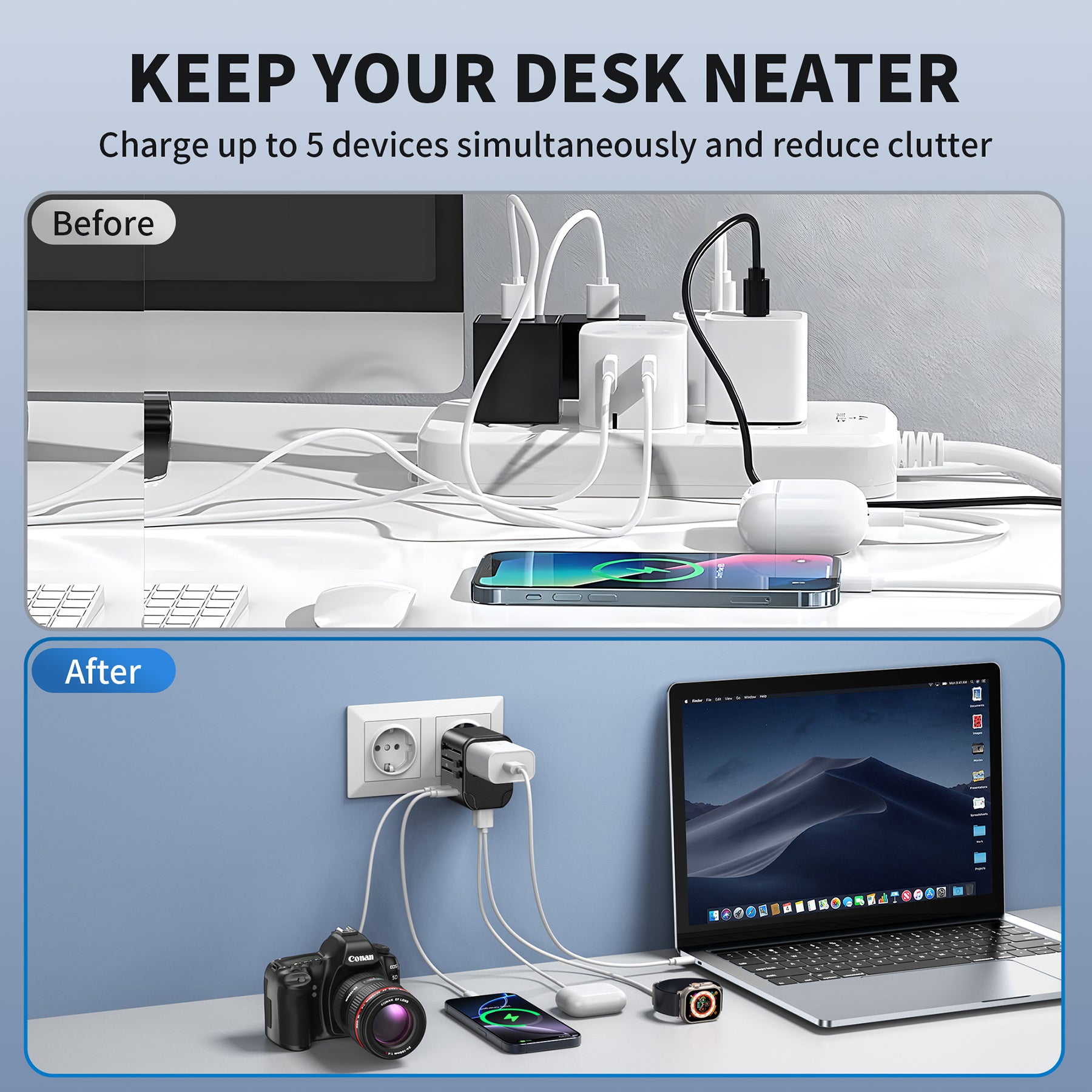 Built-in Cable Management: Mukiya Travel Adapter Helps Keep Your Tech Essentials Organized and Tangle-Free While Traveling