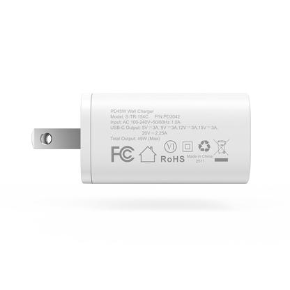 Mukiya White Charger Showing Global Safety Standards and Intelligent Power Allocation Markings